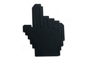 Black pixelated hand cursor pointing upwards, 3d rendering, transparent background representing digital interaction and tech interface design