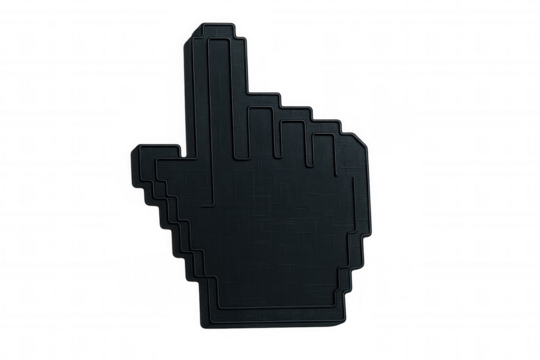 Black pixelated hand cursor pointing upwards, 3d rendering, transparent background representing digital interaction and tech interface design