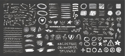 Scribbles, sketch - graphic pack. Charcoal sketches, arrows, underlines, outlines, circles, brush strokes, marker lines. Doodles elements with different tools - brushes, markers, crayons. Vector set