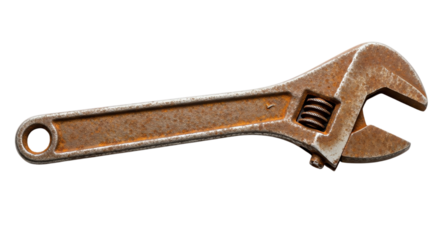 Rusty adjustable wrench isolated on transparent background