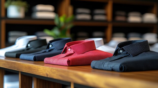 Colorful shirts displayed on wooden counter in modern men's clothing store