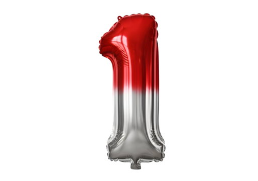 A festive, celebratory number one balloon, featuring a gradient of vibrant red and shimmering silver, stands out against a black backdrop.