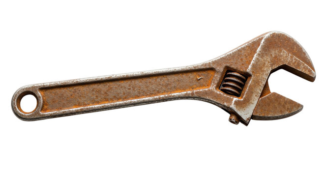 Rusty adjustable wrench isolated on transparent background