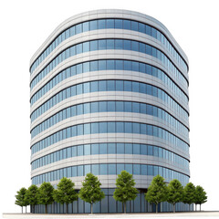 Modern curved office building with trees isolated on transparent background