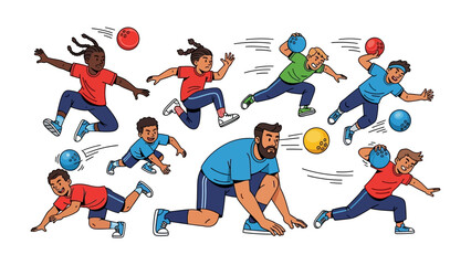 Dynamic Dodgeball Dash: An energetic illustration showcasing the high-octane action and dynamic movement of dodgeball. Players of different ethnic origins engage in a spirited competition.