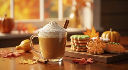 Cozy Autumn Scene: Pumpkin Spice Latte with Whipped Cream, Fall Cookies, and Vibrant Leaves on a Wooden Table