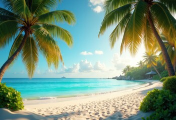 Fototapeta premium secluded beach crystal clear turquoise waters tropical paradise escape tranquil shoreline oasis relaxation, ocean, island, waves, coast, sea, tide, sunset