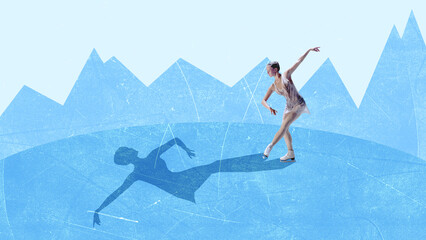 Contemporary collage. Figure skater performing graceful move with elegant shadow on ice. Concept of...