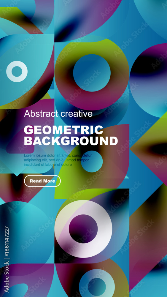 Aufkleber vibrant geometric shapes overlap, creating dynamic colorful background. text promotes abstract creat