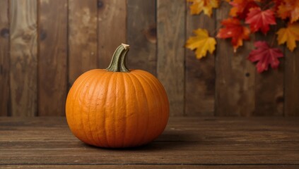 Vibrant orange pumpkin on a rustic wooden table, with colorful autumn leaves in the background, creating a cozy and inviting scene for the fall harvest season