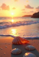 serene beach sunset displaying vibrant seashells tranquil ocean waves creating perfect coastal scene, shore, sky, clouds, horizon, sand, landscape, helix