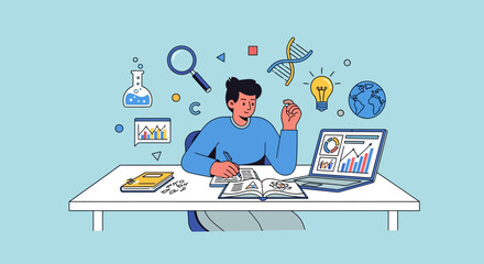 A young student engaged in scientific study and research, analyzing data on a laptop surrounded by educational icons and symbols