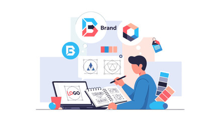 Illustration of a graphic designer developing a brand identity, from initial logo sketches to digital finalization