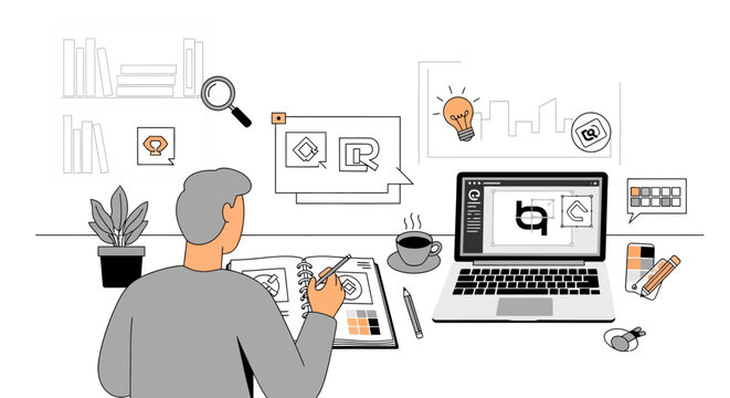Minimalist concept illustration of a designer's creative process, developing a logo and brand identity