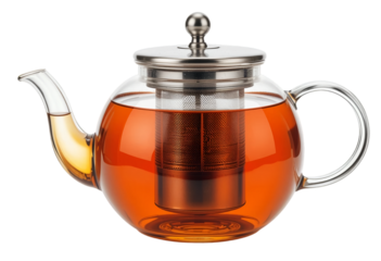 Clear Glass Teapot with Metal Infuser and Amber Tea on Transparent Background
