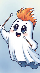 Cute cartoon ghost with orange hair playing drumsticks, joyful expression, light blue background, playful illustration, suitable for children's content or Halloween designs