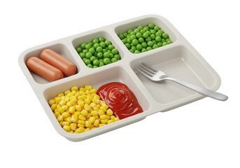 Isolated cafeteria tray with hot dogs, peas, corn, ketchup, and a fork for school lunch