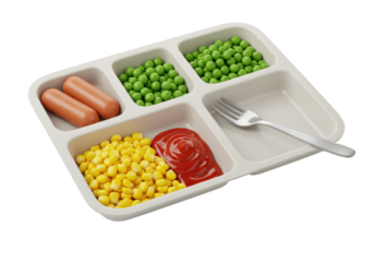 Isolated cafeteria tray with hot dogs, peas, corn, ketchup, and a fork for school lunch
