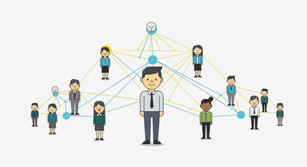 Illustration of a business organizational chart showing a hierarchical structure and team connections