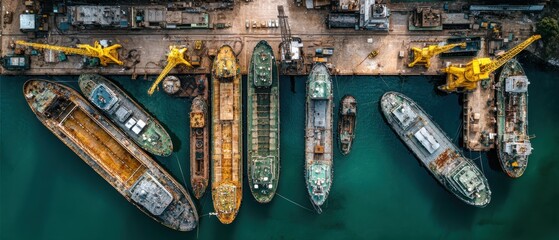 Aerial View of Ship Graveyard Featuring Abandoned Vessels and Yellow Cranes in a Turquoise Harbor