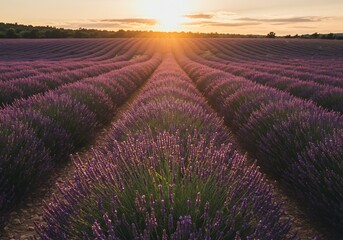 Naklejka premium 夕焼けとラベンダー畑の美しい風景写真