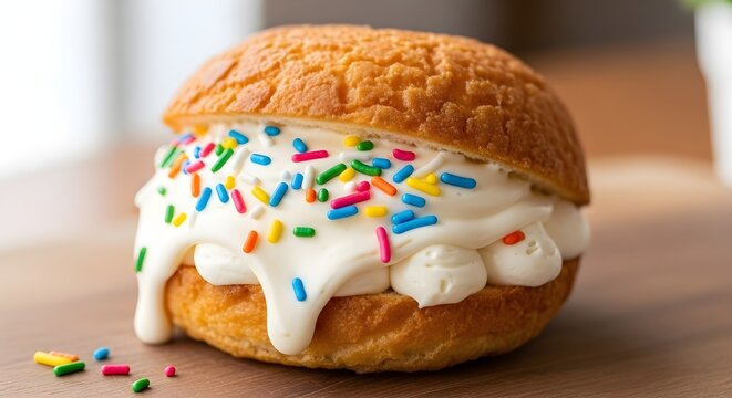 A close-up shot of a sweet dessert showcasing a crispy sandwich filled with creamy white frosting and decorated with colorful sprinkles. This appealing image is ideal for food blogs, dessert menus, or
