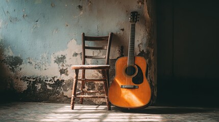 Guitar leans against worn wall beside empty chair, light filters through the window.