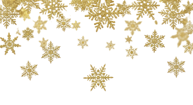 Elegant Golden Glitter Snowflakes and Star Ornaments for Festive Winter Holiday Background. isolated on transparent background, png background. No Background PNG