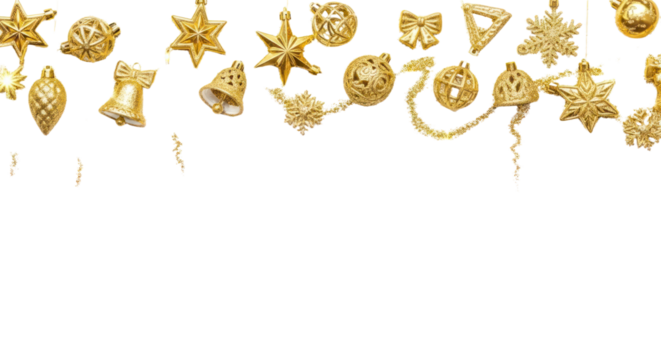 Elegant Golden Glitter Christmas Ornaments Border on Isolated Background for Festive Holiday Designs. isolated on transparent background, png background. PNG Cut Out Transparent