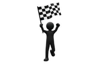 Isolated black stickman character waves checkered flag celebrating victory, a triumphant win