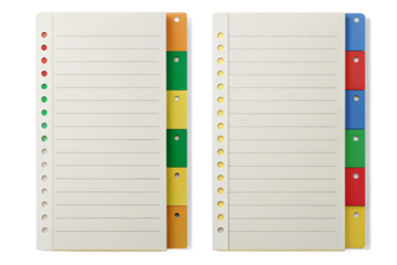 Organized office supplies isolated index dividers for binder tabs and filing system management transparent background