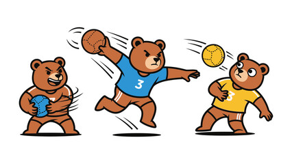 Fototapeta premium Animated Bears in Action: Dynamic illustration of animated bears engaged in a spirited game of handball. Vibrant colors and energetic poses capture the essence of sports and fun.