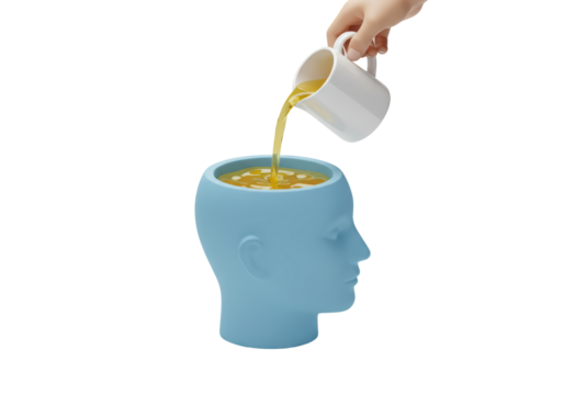 Isolated Pouring Yellow Liquid into the Head of a Light Blue Mannequin from a White Mug