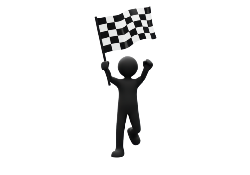 Isolated black stickman character waves checkered flag celebrating victory, a triumphant win