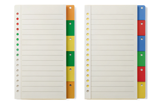 Organized office supplies isolated index dividers for binder tabs and filing system management transparent background