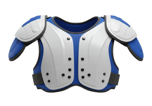 Isolated blue and white American football shoulder pads offering front perspective view