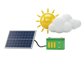 Isolated power station rendering, solar panel connects to battery by cable, sun & cloud nearby