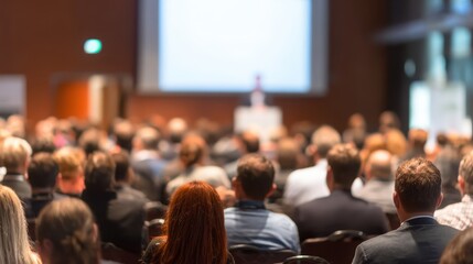 Obraz premium Audience at presentation viewed from behind, attending speaker with white projection screen.