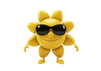 Isolated yellow sun character with sunglasses stands with arms outstretched to welcome