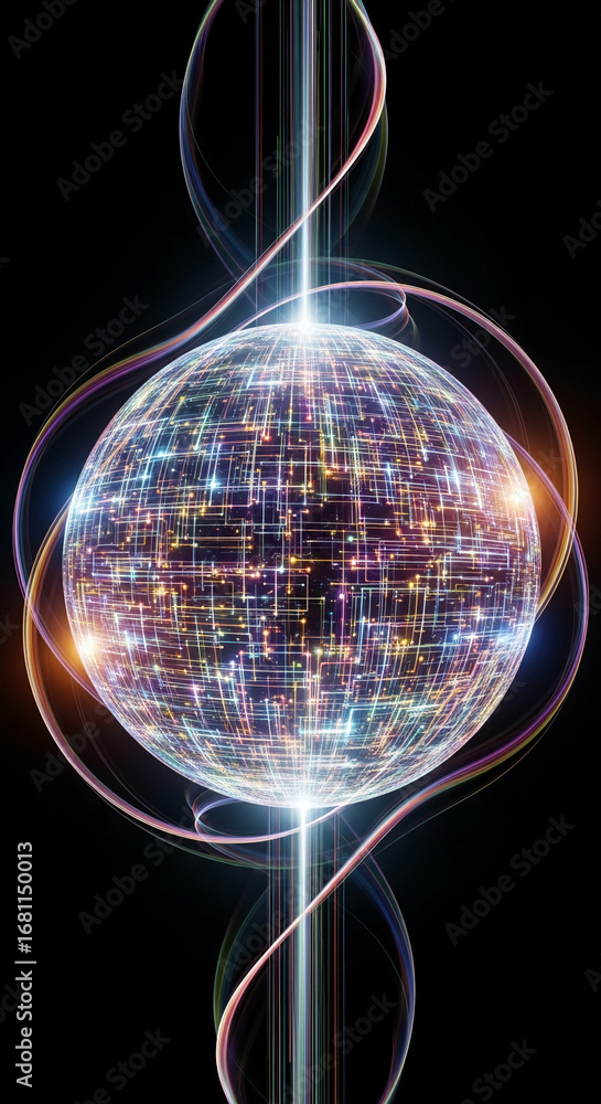 Poster luminous sphere with intricate network pattern, encircled by swirling light trails on dark backgroun