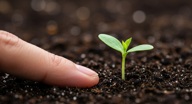 Gentle touch nurturing fragile green sprout emerging from rich soil, symbolizing new beginnings and growth