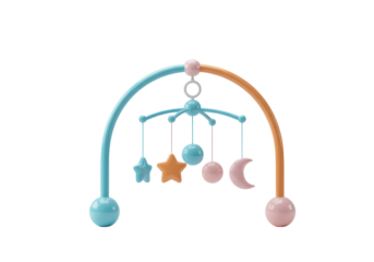 Isolated baby mobile with moon and stars hanging on strings, colorful and playful