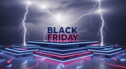 Dynamic Black Friday Sale Promotion on Neon Cyberpunk Stage with Dramatic Lightning Storm
