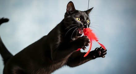 Black cat enjoying a red toy in a playful moment.