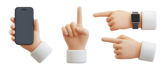 3d illustration of collection of 3d cartoon hands with smartphone and pointing fingers isolated on white isolated on transparent background