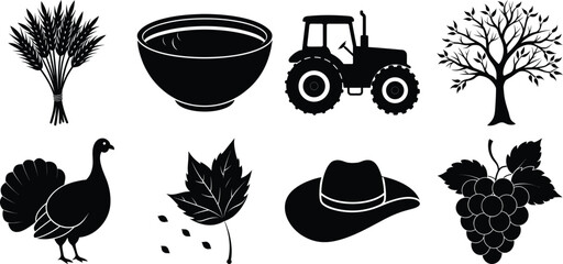 Vector art of autumn harvest symbols featuring wheat, bowl, tractor, tree, turkey, maple leaf, and grapes