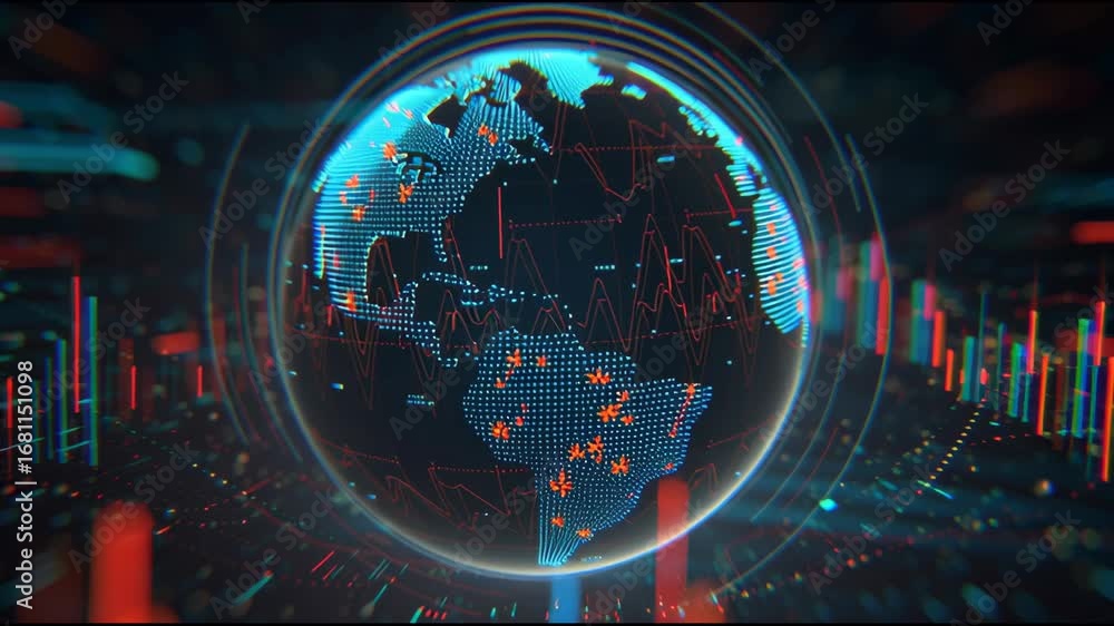 Aufkleber digital earth rotating slowly with highlighted areas and dynamic charts evolving over time, represen
