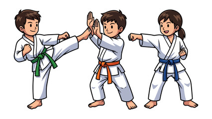 Dynamic Trio: Animated children in white karate gi's showcase the art of karate through focused poses. showcasing the energy of their training