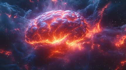 Illuminated glowing brain illustration surrounded by fiery cosmic nebula and sparkling stars