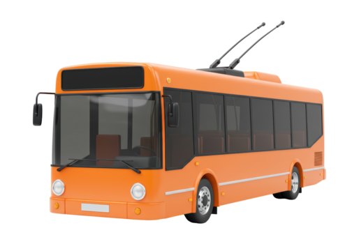 Isolated orange trolleybus with contact wires for electric transportation in the city center